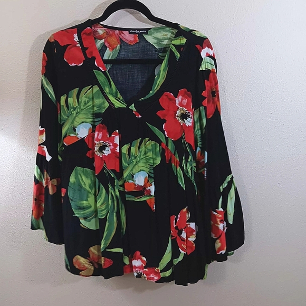 Chico's Vibrant Floral Blouse in Red and Green